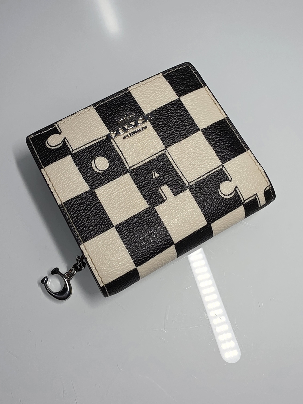 Coach Checkerboard Zip Wallet in Black and Cream